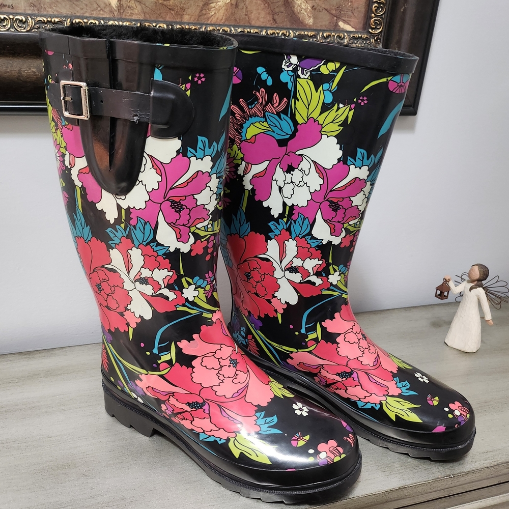 Black and Pink Winter Rain Boots with Floral Design NWOT
